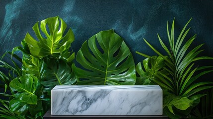 White marble pedestal on dark wood with palm and monstera leaves; sleek, stylish, and natural display