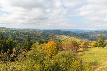 Fototapeta premium View from Rozhladna Zakopcie lookout tower on Martacky vrch hill in Javorniky mountains in Slovakia