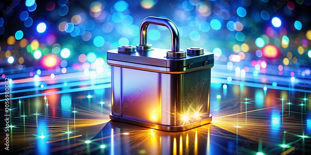 Poster 3d rendering of electrical energy concept with bokeh effect and battery protection lock