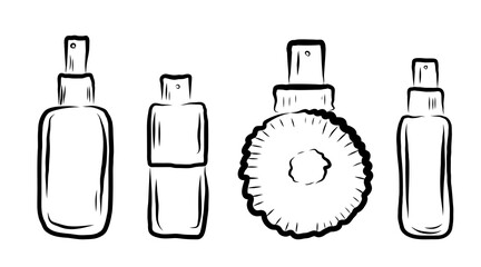 Perfume in different shaped bottles, in line art style, line, bows, flowers, smell. vector illustration
