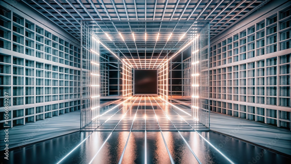 Aufkleber 3D Rendering of White Geometric Square Grid Pattern with Long Exposure Effect on Clean Background for Modern Design