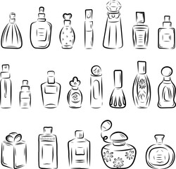 Fototapeta premium Perfume in different shaped bottles, in line art style, line, bows, flowers, smell. vector illustration