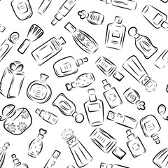 seamless pattern Perfume in different shaped bottles, in line art style, line, bows, flowers, scent. vector illustration