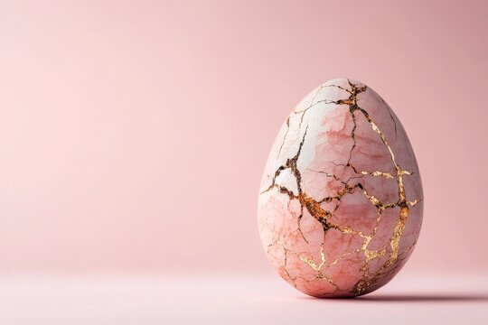 This egg-shaped kintsugi art piece boasts golden patterns across its surface, illustrating themes of renewal and resilience, blending fragility with strength.
