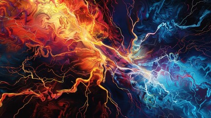 Fototapeta na wymiar Visualize an oil painting showcasing the intricate patterns of electricity at eye level Emphasize the organic flow and sharp edges of the electrical currents in rich