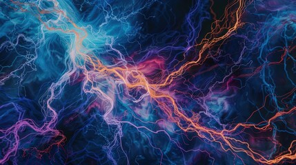 Fototapeta premium Visualize an oil painting showcasing the intricate patterns of electricity at eye level Emphasize the organic flow and sharp edges of the electrical currents in rich