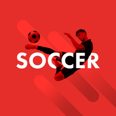 Young man, soccer player soccer player executing a powerful mid-air kick against bold red...