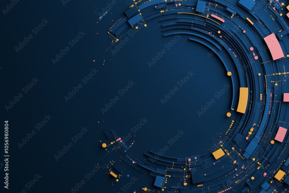 Poster an abstract digital artwork featuring futuristic circular patterns and geometric elements in vibrant