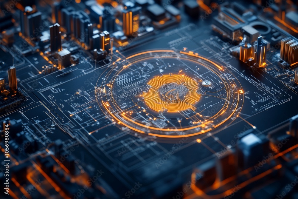Poster an artistic representation of a circuit board with 3d city-like structures, embodying the fusion of 
