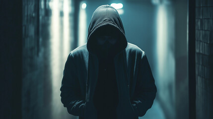 Silhouetted figure in a window wearing a hood at night in a dark city reflecting a somber and mysterious atmosphere, A hooded man in a dark alley, mysterious and suspicious, appearing like a thief