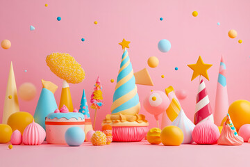 A vibrant and colorful scene with various party decorations and objects on a pink background