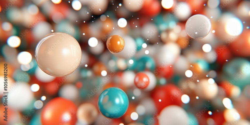 Poster abstract 3d render of colorful spheres with bokeh background technology concept