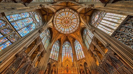 Fototapeta premium St. Vitus Cathedral Interior with Glowing Altar and Violet Hues