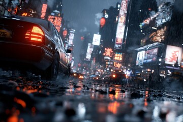 A classic taxi moves through a vibrant, rain-soaked street in the city, surrounded by glowing neon signs and a bustling atmosphere under the night sky.