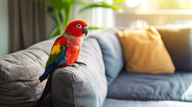 Lovely pet as family member. Colorful parrot sitting on an armchair, companionship and vibrant feathered beauty. Charm of pet ownership and the unique presence of feathered friend in cozy home setting