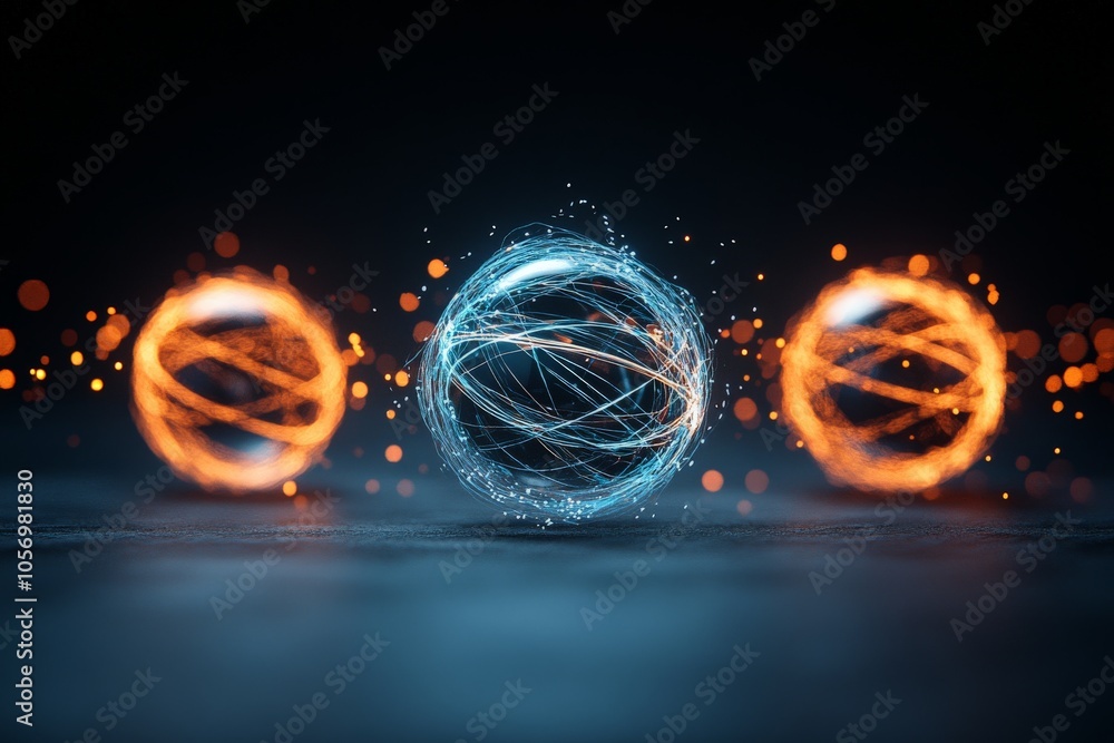 Poster three glowing spheres hover in a dark space, intertwined with streaks of light, representing futuris