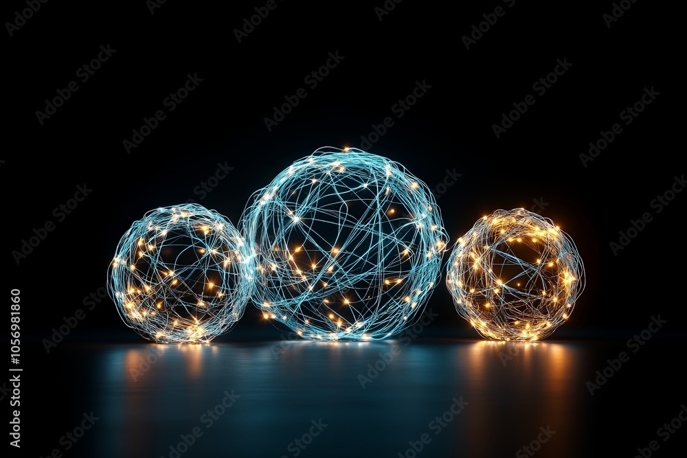 Aufkleber three high-tech spheres featuring interconnected light lines, set against a dark backdrop, suggestiv