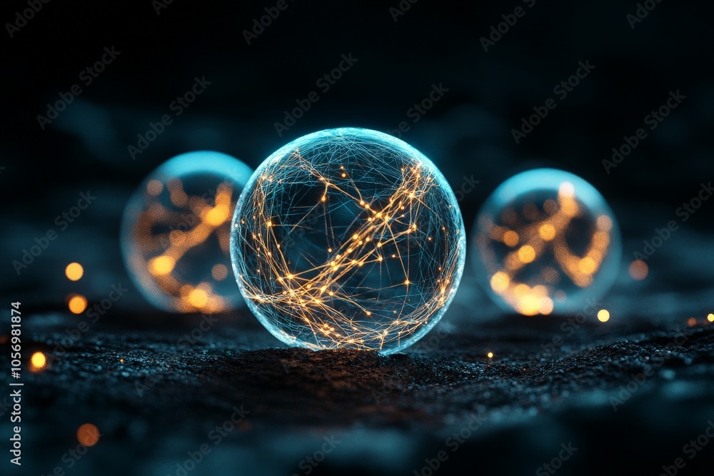 Aufkleber three illuminated spheres with interconnected lines and glowing points, displayed against a dark bac