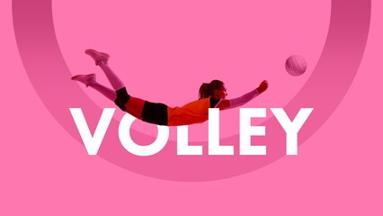 Competitive young woman, volleyball player in motion, in mid-air hitting ball against pink background. Creative colorful collage. Concept of sport, game, action, competition. Banner, poster, ad