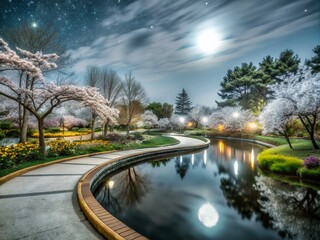 Naklejka premium A magical park pathway under a starry sky, illuminated by soft lights, creates an enchanting atmosphere perfect for serene nature photography and