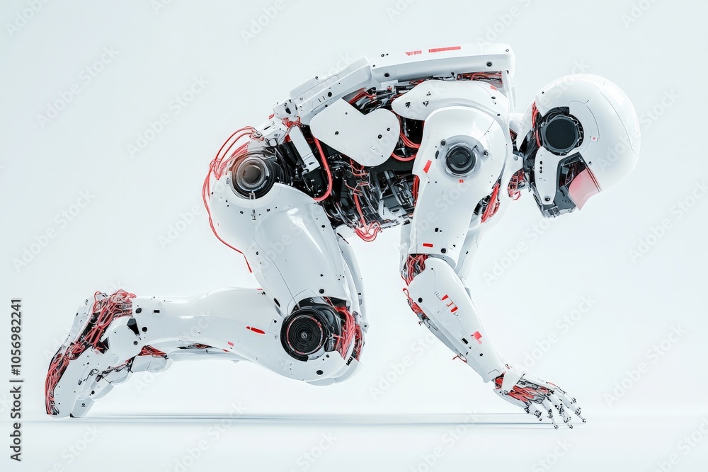 Poster this image shows a sophisticated robot poised on all fours. its streamlined design and visible mecha