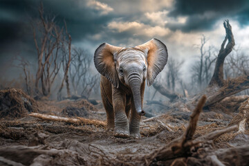 Fototapeta premium A young elephant ventures through a mystical, barren forest, creating a striking contrast between life and desolation under a dramatic, stormy sky.