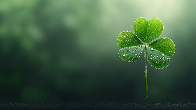 A close-up of a delicate four-leaf clover drenched in morning dew, symbolizing luck and charm, set against a blurred background of soft sunlight filtering through trees. Ultra-Realistic, Photo 
