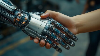 A robotic hand shaking a human hand