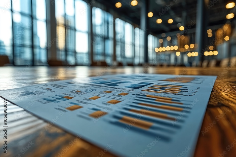 Poster a stack of paper with charts and graphs on a wooden table