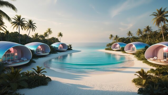 Modern beachside villas basking in the sun with palm trees and serene blue waters at twilight