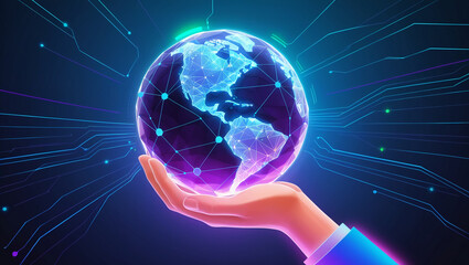 Obraz premium Metaverse Technology concepts. hand holding global network connection. Internet communication, Wireless connection technology. Futuristic technology with polygonal shapes.