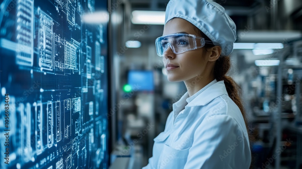 Poster female engineer in a white lab coat looking at a large blue screen with circuit diagrams in a modern