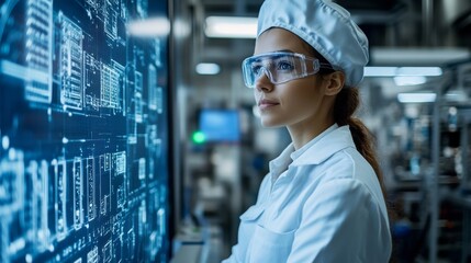 Female Engineer in a White Lab Coat Looking at a Large Blue Screen with Circuit Diagrams in a Modern Factory Setting