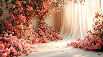 A white room with a sheer curtain, framed by a cascade of pink roses. Light streams in from the window.