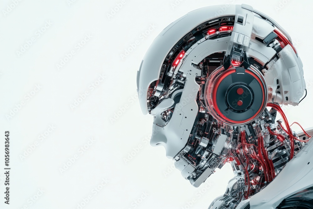 Poster a humanoid robot's profile with visible circuits and red lighting illuminates its structure, emphasi