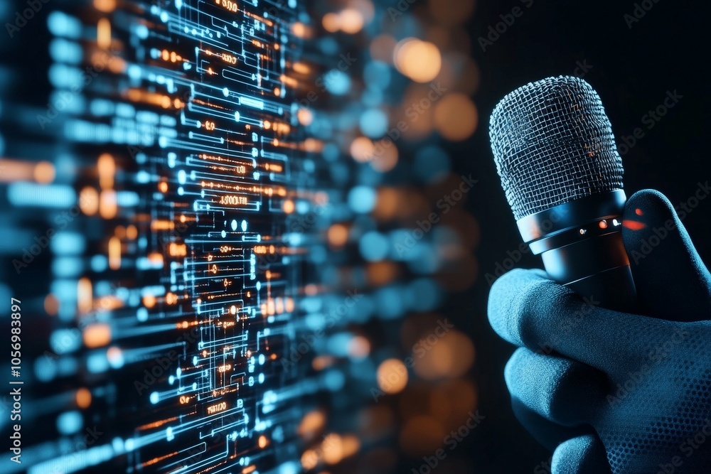 Poster a gloved hand holds a microphone with a complex digital interface in the background, suggesting them