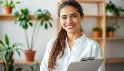 A smiling woman in a white shirt holds a clipboard in a home office.