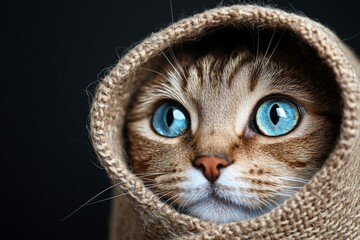 A close-up shot of a tabby cat with bright blue eyes, surrounded by a brown burlap wrap, artistically highlighting its serene and curious nature, capturing its spirit.