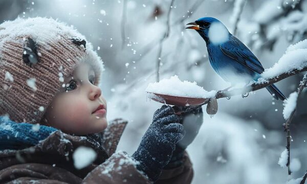 A child bundled in winter clothes, carefully placing a bluebird feeder on a snowy branch.