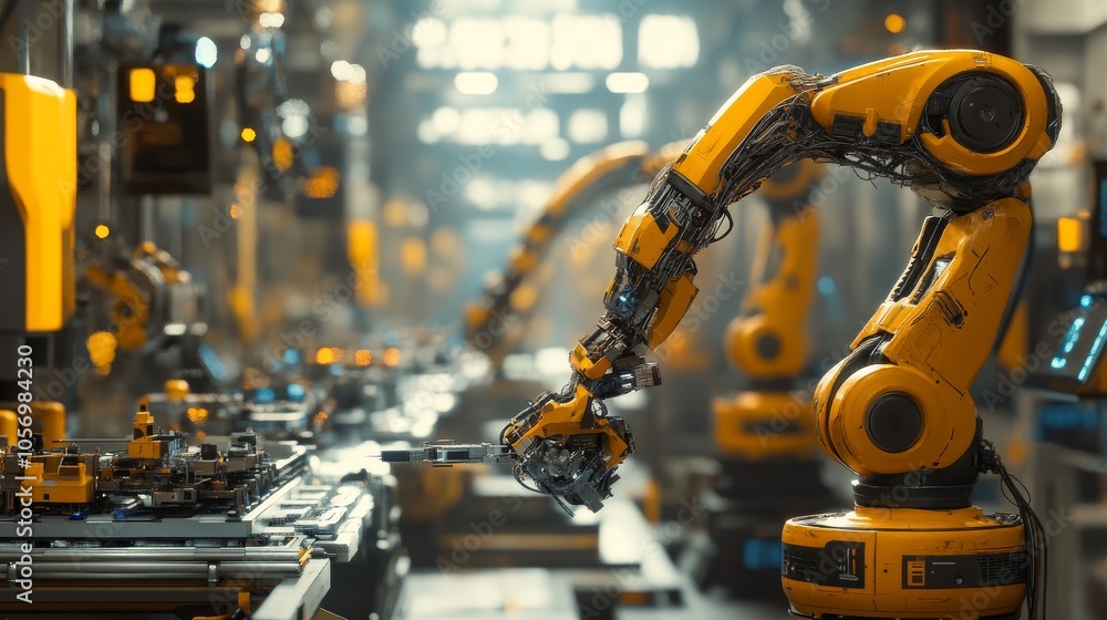 Poster yellow robotic arm working on an automated assembly line