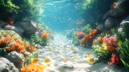 Fototapeta premium Underwater scene with colorful corals and vibrant marine life.