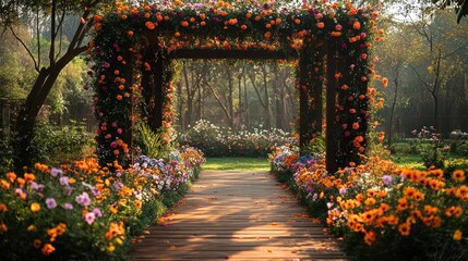 Fototapeta premium A wooden archway covered in blooming flowers leads to a pathway through a garden.