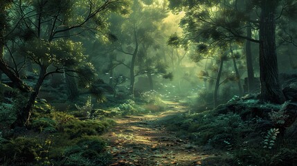 Obraz premium A forest path with trees and bushes