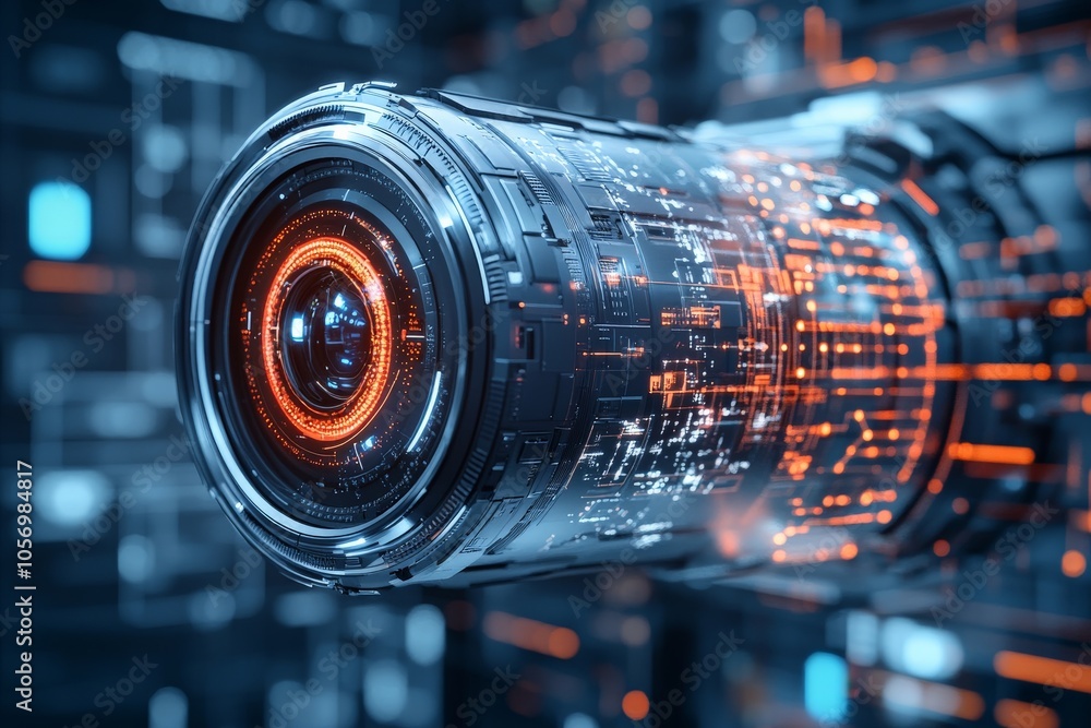 Aufkleber an advanced technology lens is showcased with detailed digital circuits, representing the intersecti