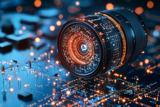 A futuristic camera lens displays abstract glowing patterns, symbolizing the artistic fusion of light and technology in modern digital photography.
