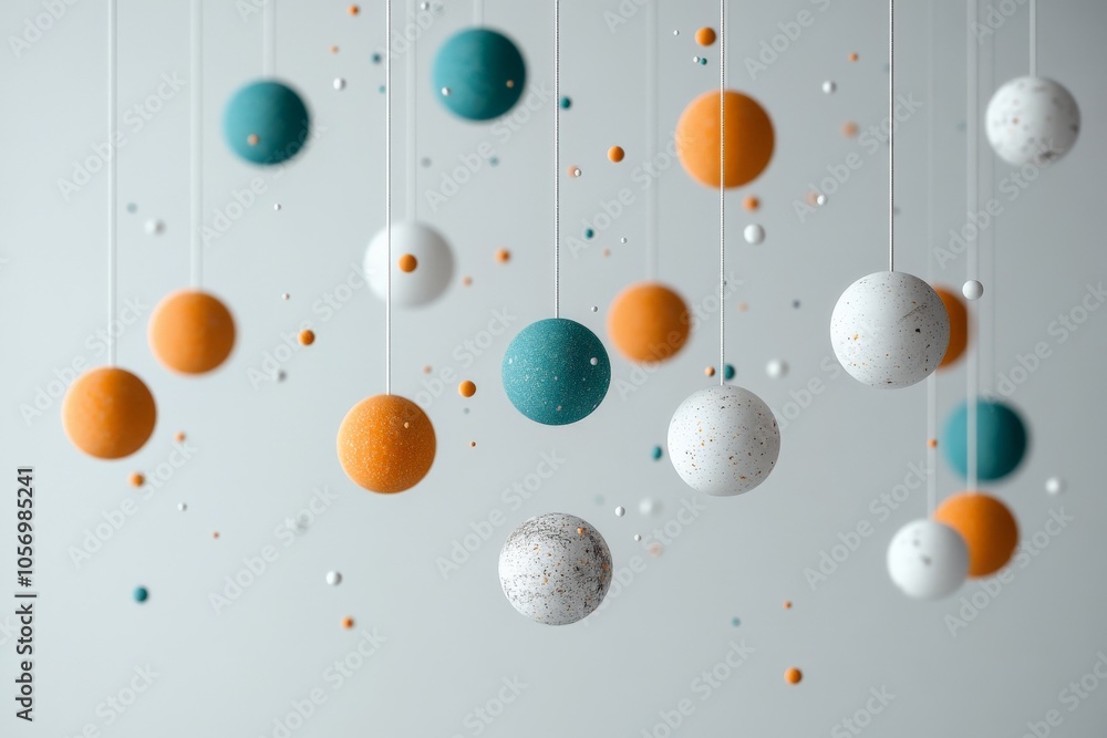 Poster dynamic floating spheres in teal, orange, and white, featuring speckled patterns that create a sense