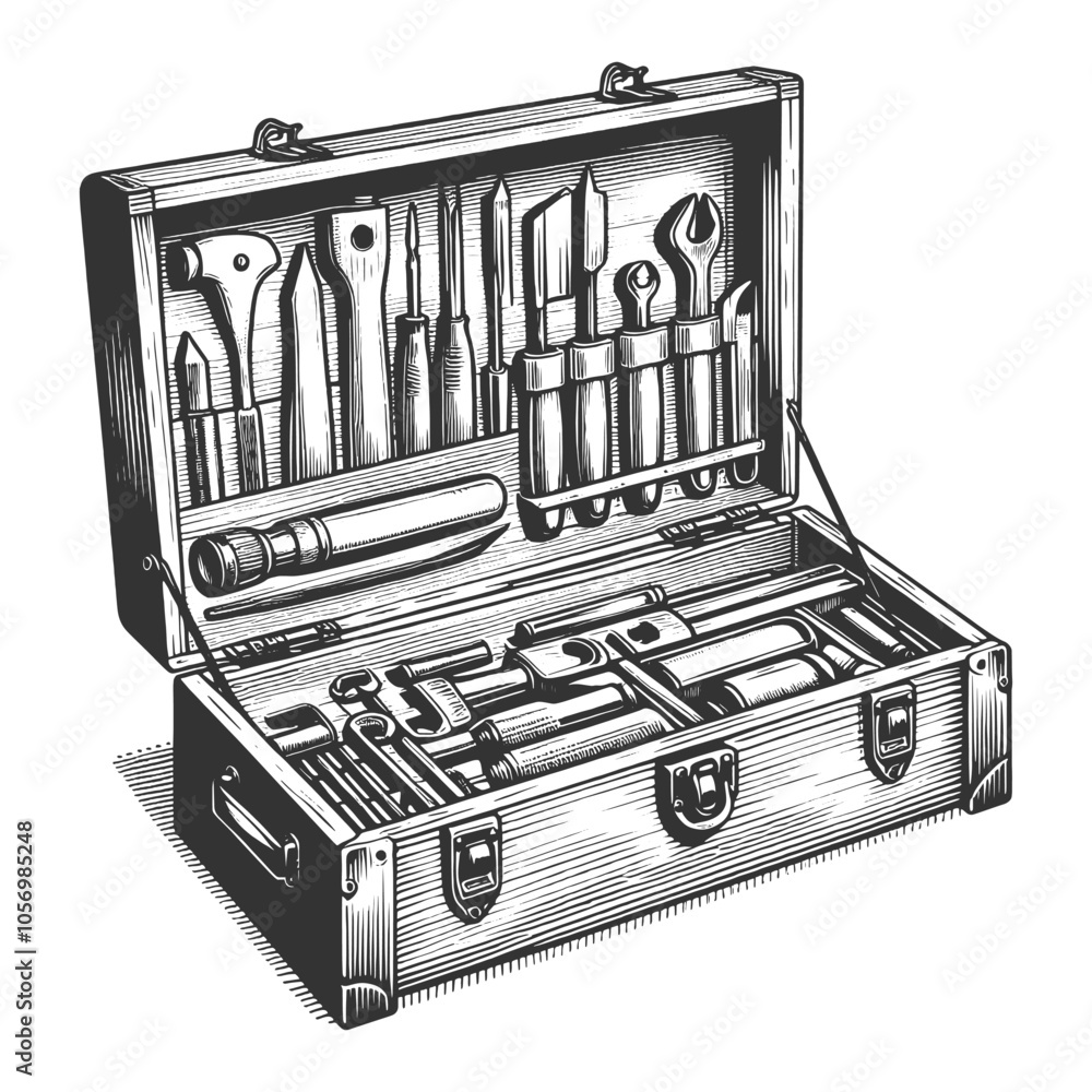 Poster open toolbox, displaying a range of mechanical tools in a striking black and white style sketch engr