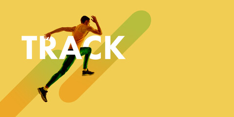 Focused man, muscular athlete in motion, running fast, training to compete in marathon, set on yellow background. Creative collage. Concept of sport, game, action, competition. Banner, poster, ad