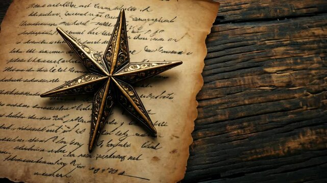 A vintage, ornate star sits atop a piece of aged parchment on a wooden surface