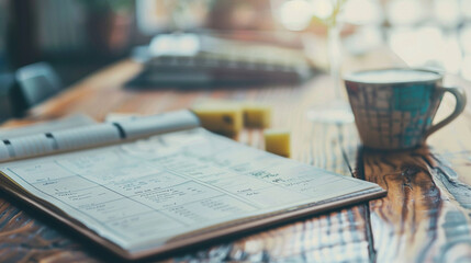 Notebook for notes and scheduling lying open on a wooden table, surrounded by pens and a coffee cup. Organization, productivity, and planning concept. Work, study, and daily routine.